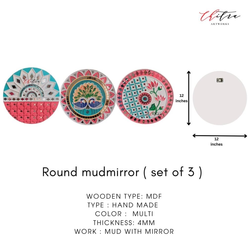 Mud Mirror Art Wall Decor Set – Wood, Round, Multicolor, Handmade Ethnic Home Decoration - Image 3