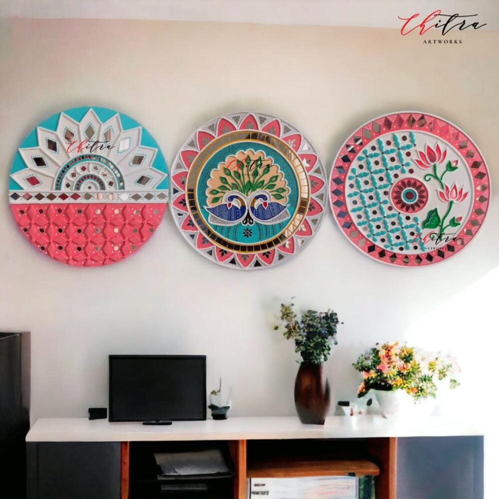 Mud Mirror Art Wall Decor Set – Wood, Round, Multicolor, Handmade Ethnic Home Decoration - Image 2