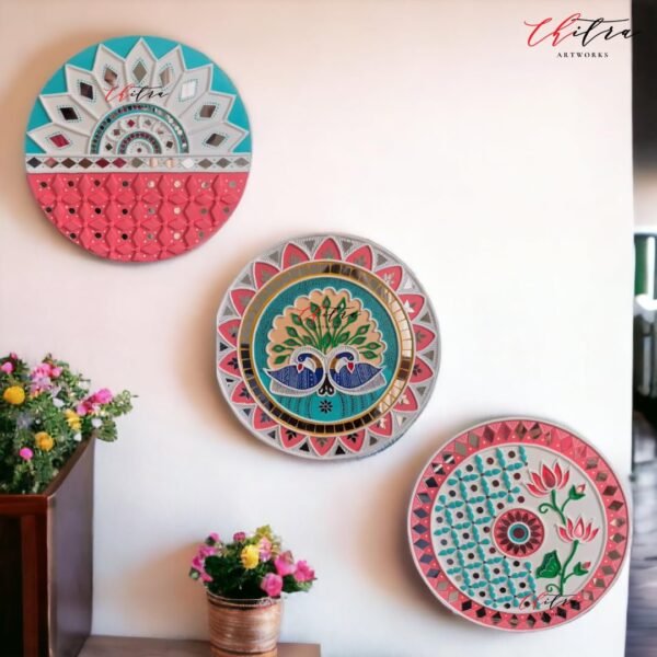 Mud Mirror Art Wall Decor Set – Wood, Round, Multicolor, Handmade Ethnic Home Decoration